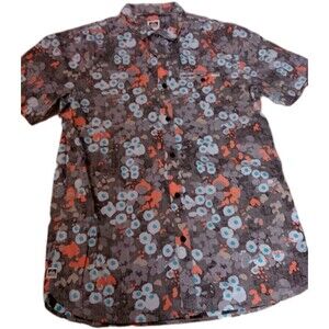 Reef Men’s Medium Short Sleeve Button Down Shirt Abstract Floral Grey Orange